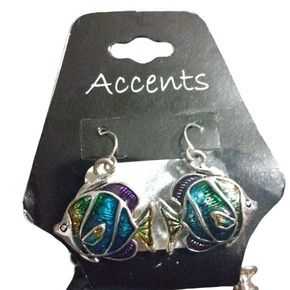 Fish Chunky Necklace/Earrings Set Accents Black Soft Chord Silver Clasp Nautical - Picture 3 of 4